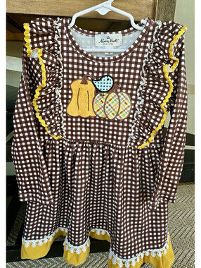 Marie Nicole Clothing Girls Brown/White Gingham Pumpkin Appliqué Dress M